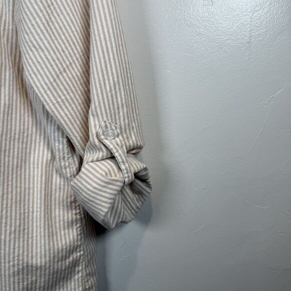 Japna Tan White Striped Long Sleeve Button Shirt Size Large Beach Boho Rolltab - Picture 13 of 13